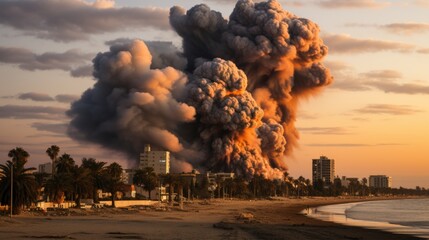 Smoke rises from burning bomb-damaged buildings - obrazy, fototapety, plakaty
