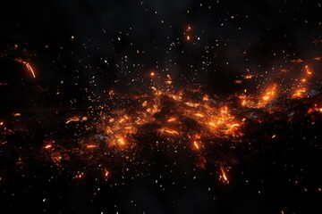 Fototapeta premium 3d illustration of explosion of coal in space, computer generated abstract background, Fire embers particles over black background, AI Generated