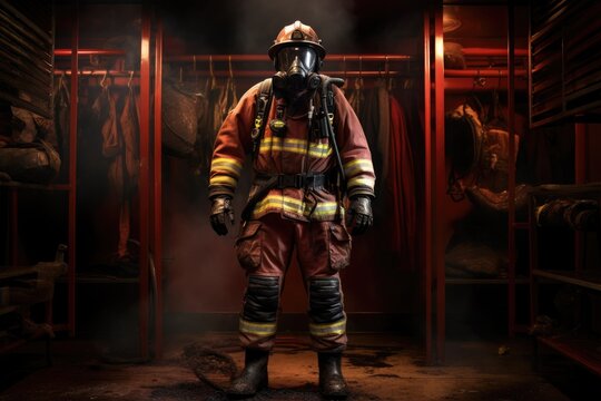 Firefighter in the fire station. Photo in old image style, Firefighter bunker suit in the fire station, AI Generated