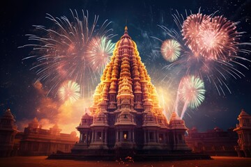 Fireworks over hindu temple in Kathmandu, Nepal, fireworks above a Hindu temple during Diwali or Deepavali, AI Generated