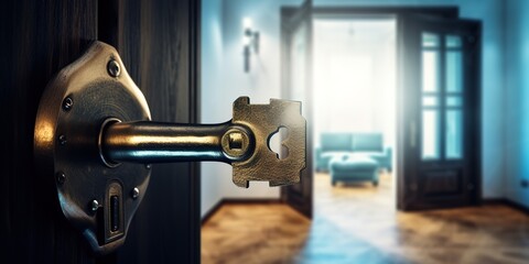 Open door with key in padlock and new apartment on blurred background