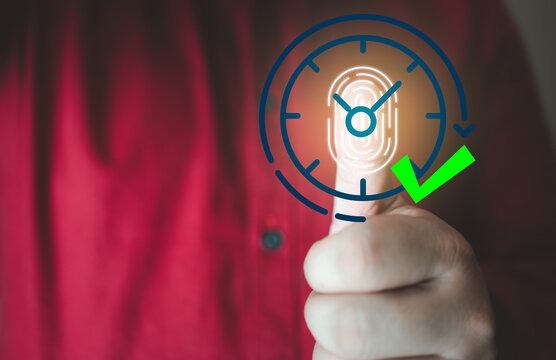 Employees fingerprint scan for biometrics, digital time recorder attendance. Sensors to record company attendance time and after work. Encryption for identity verification, employing fingerprint