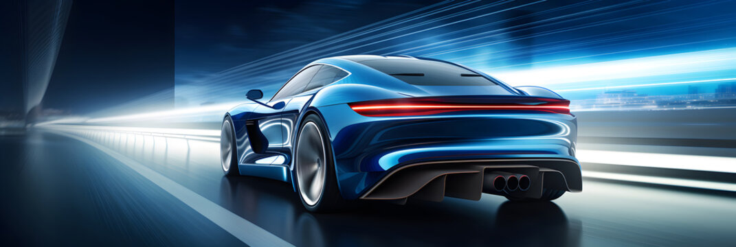 Rear view of blue sports car high speed in turn Blue