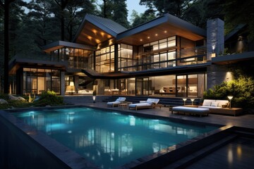 Fototapeta na wymiar 3d rendering of modern cozy chalet with pool and parking for sale or rent. Massive timber beams columns. Cool summer night with shiny light from windows, AI Generated