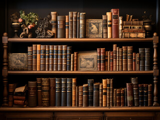 A Collection of Antique Books on a Wooden Shelf - obrazy, fototapety, plakaty