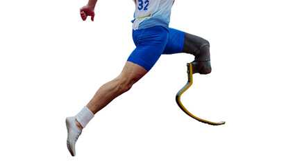 athlete runner sprinter on prosthesis running stadium track, isolated on transparent background