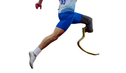 athlete runner sprinter on prosthesis running stadium track, isolated on transparent background