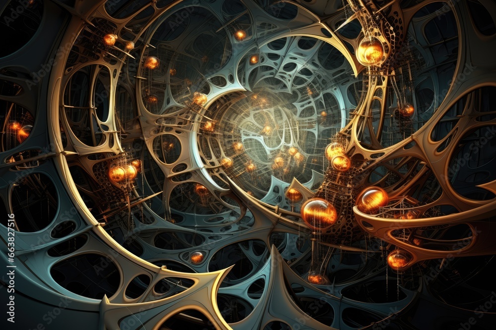Poster abstract fractal computer generated composition with various geometrical shapes, fourth dimension. a