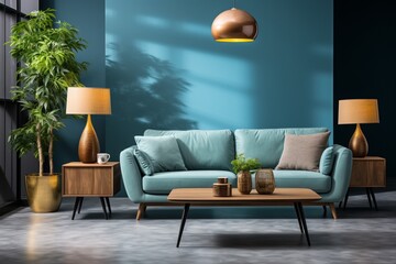 Stylish modern living room interior with a sofa and green plants, lamp, and a table on a blue wall background, creating a fresh and opulent ambiance