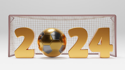3d rendering, the golden date of the new year 2024 and a golden soccer ball with a soccer goal. 3d illustration of sporting successes and victories in the new year 2024. Isolated on a white background - obrazy, fototapety, plakaty
