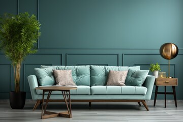 Stylish modern living room interior with a sofa and green plants, lamp, and a table on a blue wall background, creating a fresh and opulent ambiance - obrazy, fototapety, plakaty