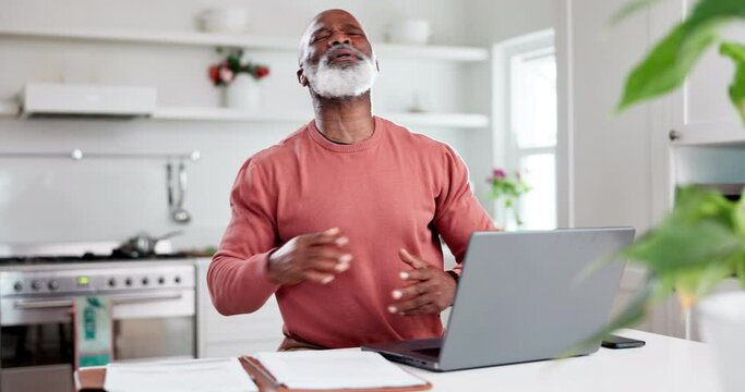 Senior man, tired and stress on computer for home budget, financial research and investment mistake or bad news. African person with fatigue, headache or worry on laptop his for pension registration