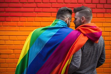 Same sex couple with rainbow coloured flag and wall.