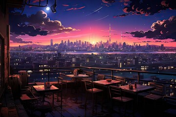 Fototapeta na wymiar Rooftop View, Lo-fi 90s Anime Night