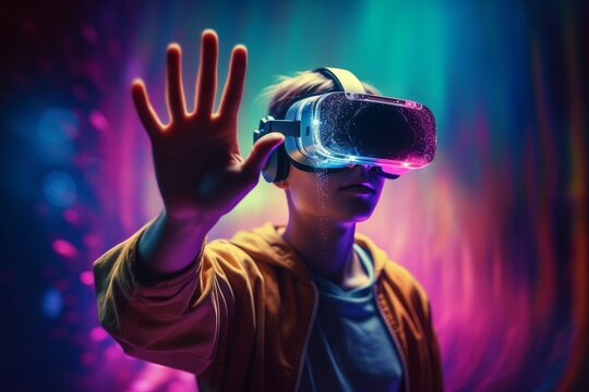  Man in Virtual reality experience exited, AI generated