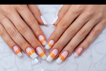 Multi-colored manicure of a nail model for a fashion show. AI GENERATE