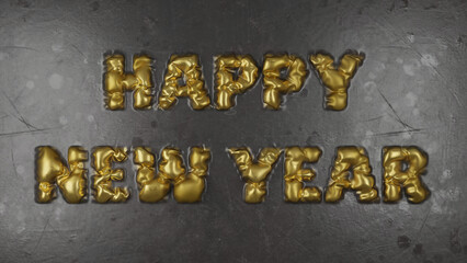 3d rendering of text on a metal surface. Metal rusty surface with gold text: Happy New Year. New Year 3d illustration. The text is formed by swelling, irregularity, bubbles of gold.