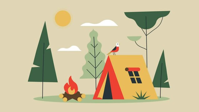 Animation camping outdoor illustration: tent, trees, sun, clouds, campfire, bird. 2d flat vector graphic. 4K video motion cartoon animation.