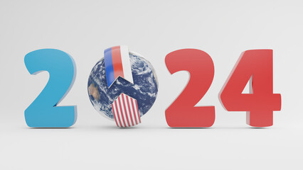 3d rendering of the date 2024 and the planet Earth around which the arrows with the flag of the USA and Russia are moving. The idea of economic and political competition and confrontation.