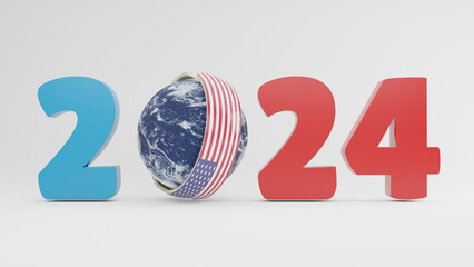 3d rendering of the year 2024 and the planet Earth around which the arrows with the US flag. The idea of economic and political competition and confrontation. The struggle for world domination