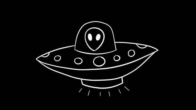 Hand-drawn doodle UFO alien animation on transparent background. SCI-FI symbol. Alpha channel. 4K video loopable motion graphic animation.