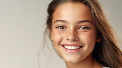 Naklejka premium Closeup portrait of a smiling blonde teenage girl showcases her vibrant personality against studio background.