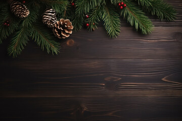 Pine leaf on wooden invitation backdrop, christmas greeting background