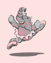 Vector illustration of a happy cute elephant ballerina jumping, wearing ballet shoes and tutu on a pink background