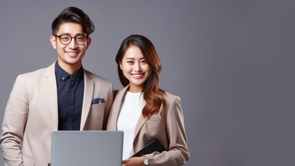 Two Asian professionals are presenting using laptop computer