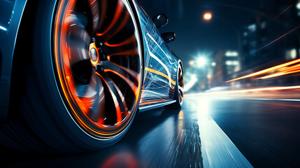 Close-up of sports car wheel on a highway at night