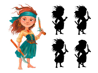 A barefoot little girl pirate character with wind-blown hair stands holding a gun in one hand and...