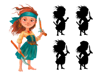 A barefoot little girl pirate character with wind-blown hair stands holding a gun in one hand and an ax in the other. Find the shadow game. Clipart. Isolated watercolor illustration for design of card
