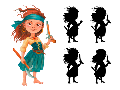 A barefoot little girl pirate character with wind-blown hair stands holding a gun in one hand and an ax in the other. Find the shadow game. Clipart. Isolated watercolor illustration for design of card