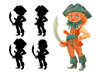 Proud little boy pirate character with a false beard, wearing a pirate hat and boots, holding a...