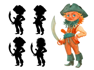 Proud little boy pirate character with a false beard, wearing a pirate hat and boots, holding a saber in his right hand and a pistol in his belt. Find the shadow game. Isolated watercolor illustration