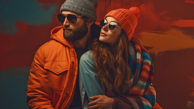 Hipster Couple with Beanie Hats and Glasses on a Pastel Background