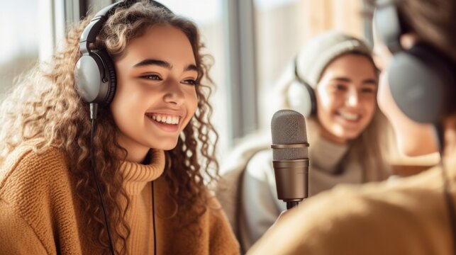 Two girls students, headphones on, podcasting on a microphone.