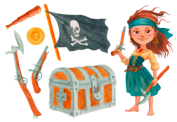 Pirate cartoon game object set. Includes barefoot pirate girl, black flag, treasure chest, spyglass, axe, pistol, coin. Isolated watercolor illustration for design of cards, posters, t-shirt printing.