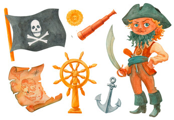 Pirate cartoon game object set. Includes proud boy pirate character and sea adventure elements:...