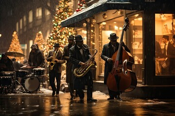 Jazz Band in City Street - obrazy, fototapety, plakaty