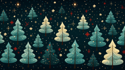 Obraz premium Retro pattern with stars and trees. Christmas background with snowflakes.