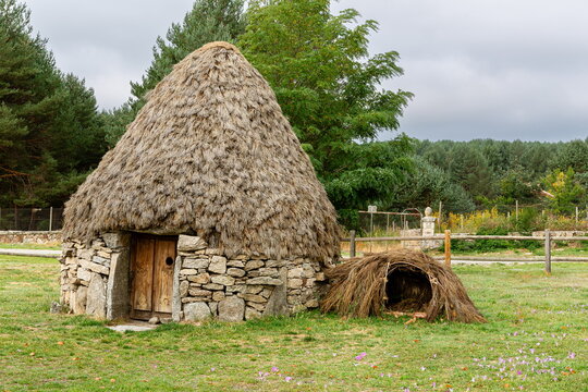 Stone and straw shepherd's hut, next to a shelter for the dog. Hoyos del Espino, Sierra de Gredos, Ávila, Spain.