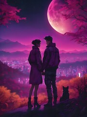 A couple holding hands has a beautiful background.