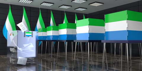 Sierra Leone - polling station with voting booths and ballot box - election concept - 3D illustration