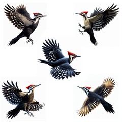 A set of male and female Pileated woodpeckers flying isolated on a white background