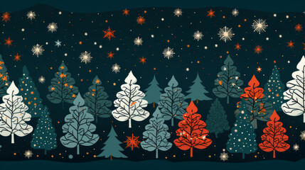 Retro pattern with stars and trees. Christmas background concept.