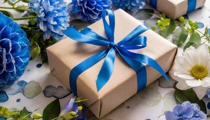 茶色のシンプルな紙で包まれたプレゼント　青色のサテンの美しいリボン