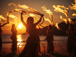 Fire Dancers on a Beach - obrazy, fototapety, plakaty