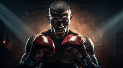Fototapeta na wymiar Boxer in Fighting Stance under Spotlights with Gloves