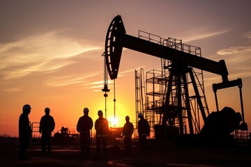 Working engineers teamwork in industrial field at the oil rig on the sunset background.